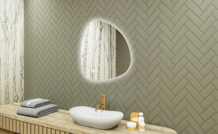 Onregelmatig spiegel met verlichting, 64×64 cm, tweekleurig, touch‑schakelaar, verwarmingsmat