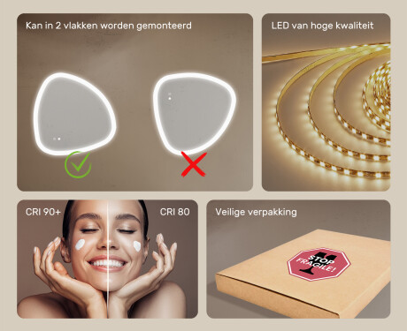 Onregelmatig spiegel met verlichting, 74×74 cm, tweekleurig, touch‑schakelaar, verwarmingsmat #6