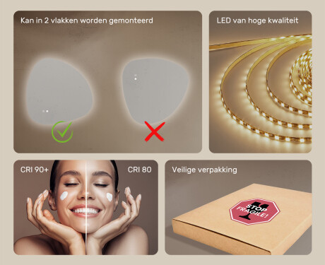 Onregelmatig spiegel met verlichting, 74×74 cm, tweekleurig, touch‑schakelaar, verwarmingsmat #6
