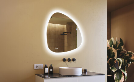 Onregelmatig spiegel met verlichting, 94×94 cm, tweekleurig, touch‑schakelaar, verwarmingsmat