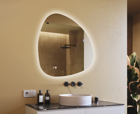 Onregelmatig spiegel met verlichting, 94×94 cm, tweekleurig, touch‑schakelaar, verwarmingsmat