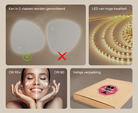 Onregelmatig spiegel met verlichting, 94×94 cm, tweekleurig, touch‑schakelaar, verwarmingsmat #6