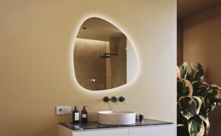 Onregelmatig spiegel met verlichting, 94×94 cm, tweekleurig, touch‑schakelaar, verwarmingsmat