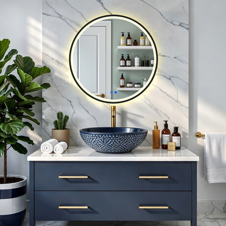 Ronde spiegel met LED-verlichting in een zwart aluminium frame #8