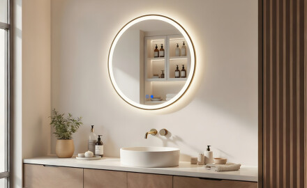 Ronde LED-spiegel in een gouden aluminium frame