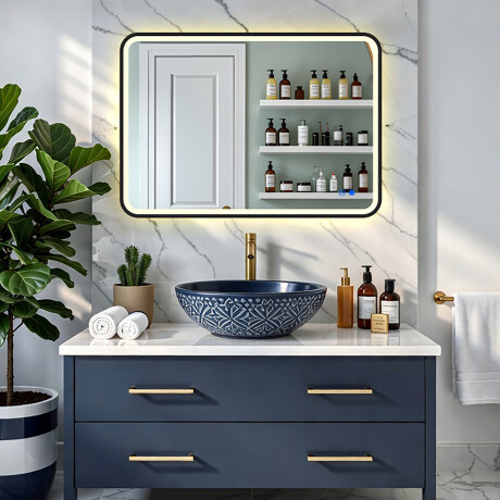 Spiegel met afgeronde hoeken en LED-verlichting in een zwart aluminium frame #8