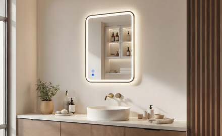 Afgeronde LED-spiegel in een goud aluminium frame