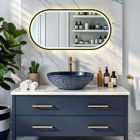 Ovale LED-verlichte spiegel in een zwart aluminium frame #8