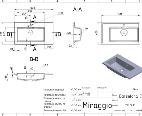 Wastafel BARCELONA 700 L MAT