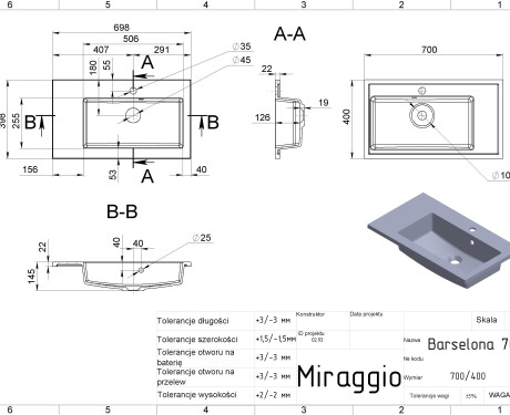 Wastafel BARCELONA 700 R MATT
