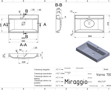 Wastafel VARNA 700 MIRASOFT