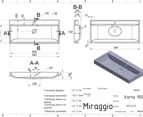 Wastafel VARNA 900 MIRASOFT