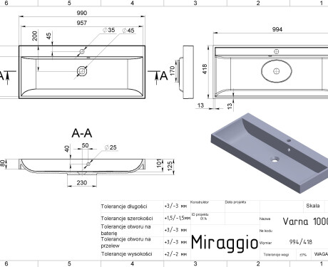 Wastafel VARNA 1000 MIRASOFT