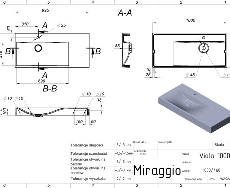 Wastafel VIOLA 1000 L MIRASOFT