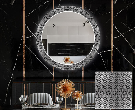 Ronde decoratieve spiegel met led-verlichting voor in de eetkamer - Black and white mosaic #1