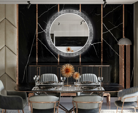 Ronde decoratieve spiegel met led-verlichting voor in de eetkamer - Black and white mosaic #12