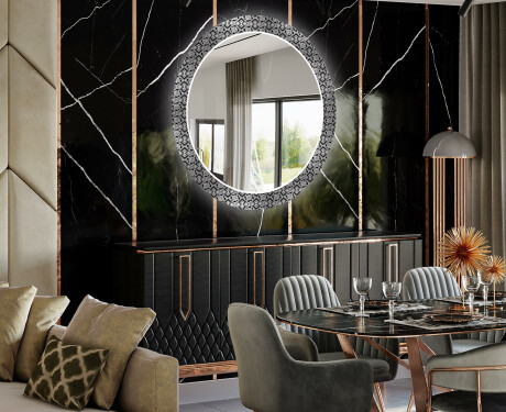 Ronde decoratieve spiegel met led-verlichting voor in de eetkamer - Black and white mosaic #2