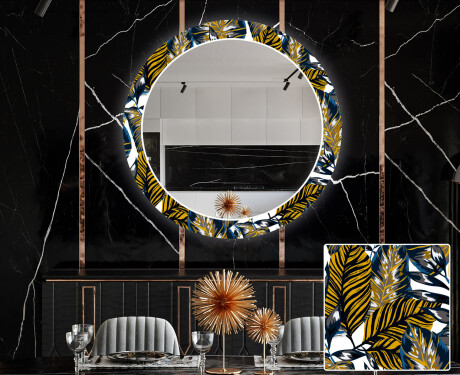Ronde decoratieve spiegel met led-verlichting voor in de eetkamer - Colorful Leaves