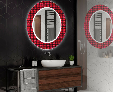 Ronde decoratieve spiegel met led-verlichting voor op de badkamer - Red Mosaic #2