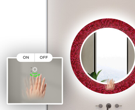 Ronde decoratieve spiegel met led-verlichting voor op de badkamer - Red Mosaic #5