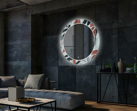 Ronde decoratieve spiegel met led-verlichting voor in de woonkamer - Leaves #2