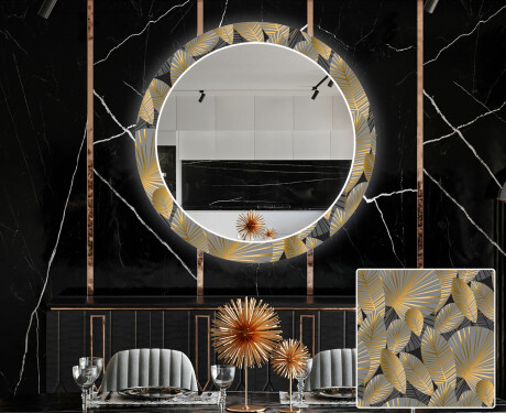 Ronde decoratieve spiegel met led-verlichting voor in de eetkamer - Golden Leaves #1