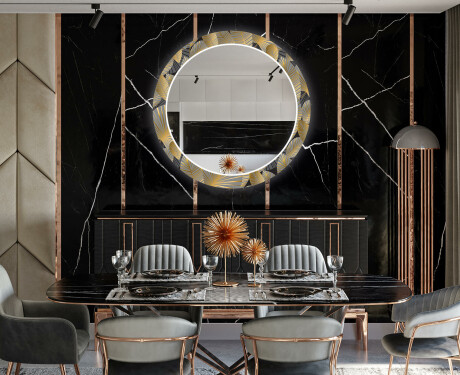 Ronde decoratieve spiegel met led-verlichting voor in de eetkamer - Golden Leaves #12