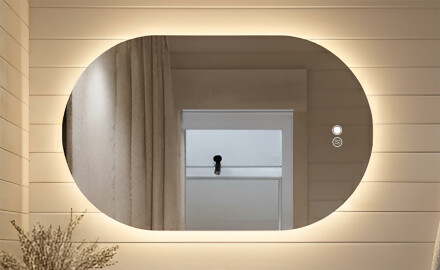 Verlicht badkamerspiegel, tweekleurig, touch‑schakelaar, verwarmingsmat