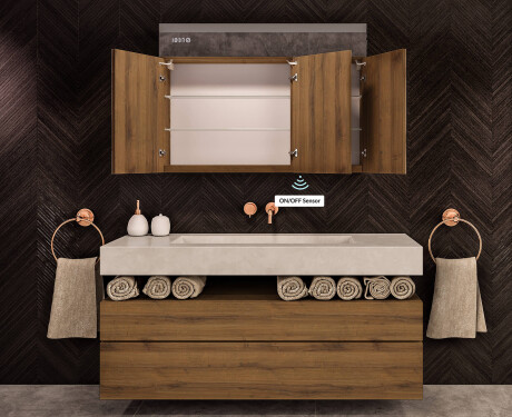 Hangende badkamerkast met LED-spiegel L02 Emily 100 x 72 cm in de kleur Oud Eiken #8